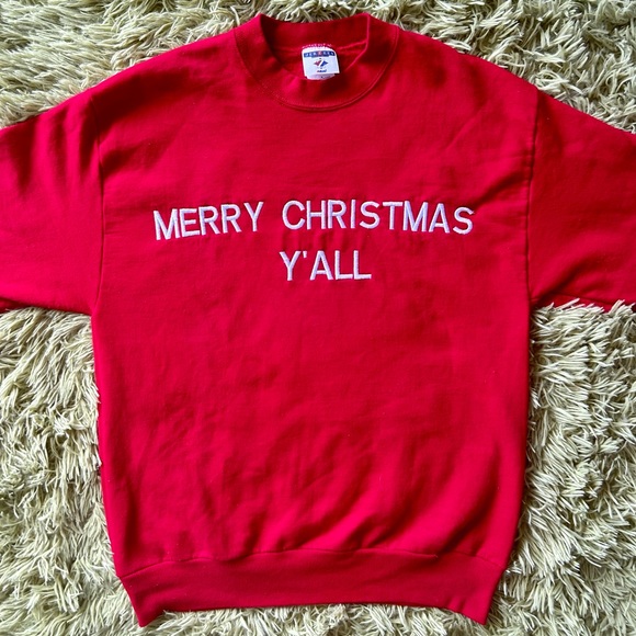 Vintage Red Embroidered Merry Christmas Y’all Sweatshirt - Picture 3 of 8